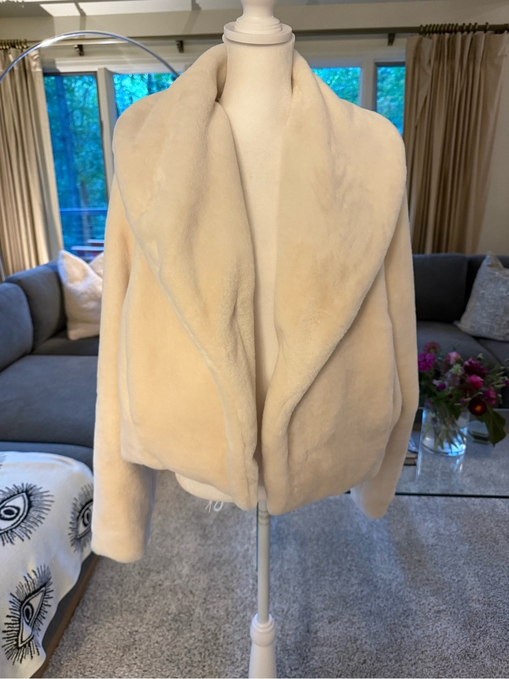 Blank NYC Cream Faux Fur Teddy Jacket with Shawl Collar